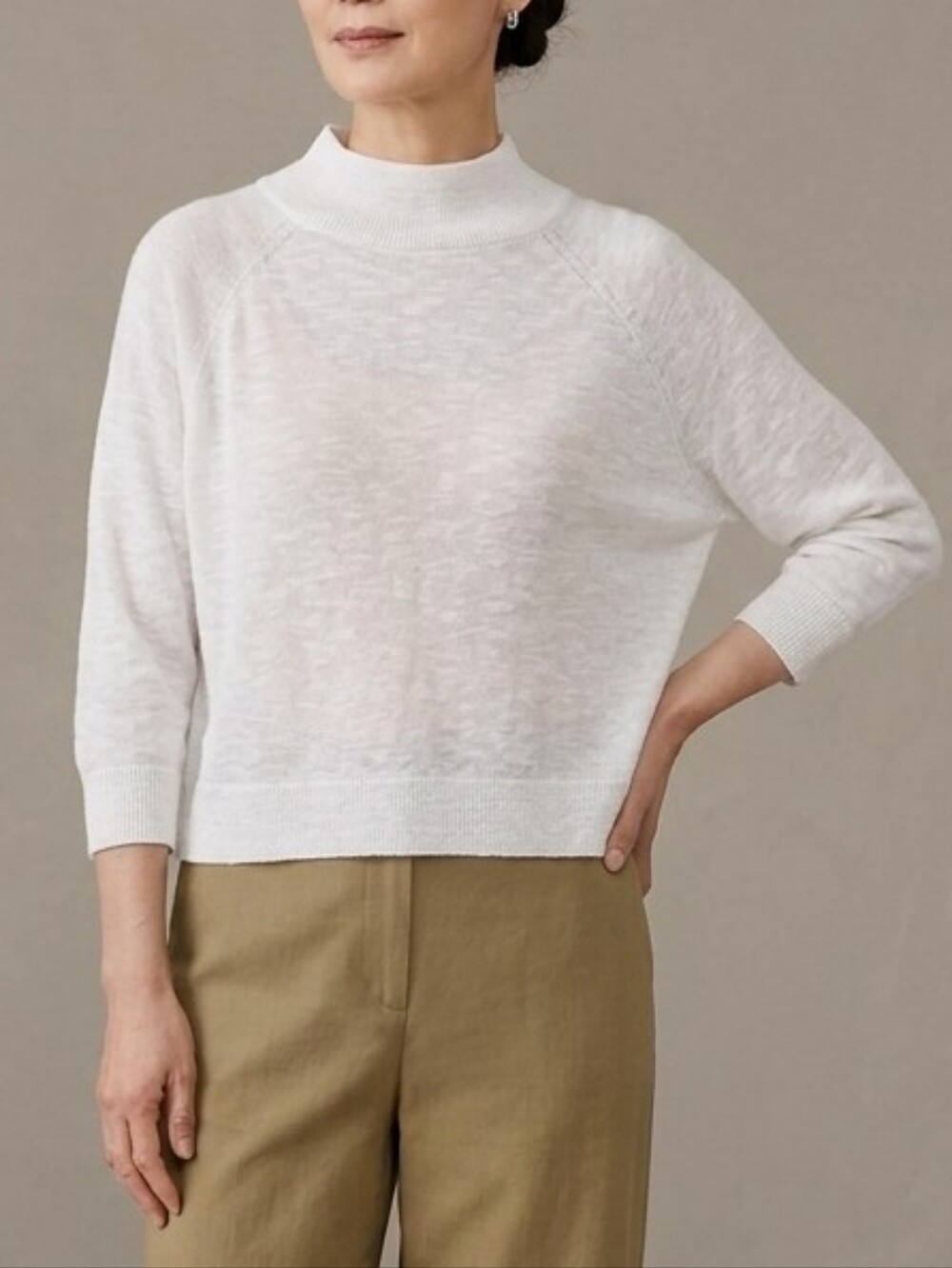 Eileen Fisher Organic Cotton Linen Blend White Hight Neck Sweater Size XL Eco
